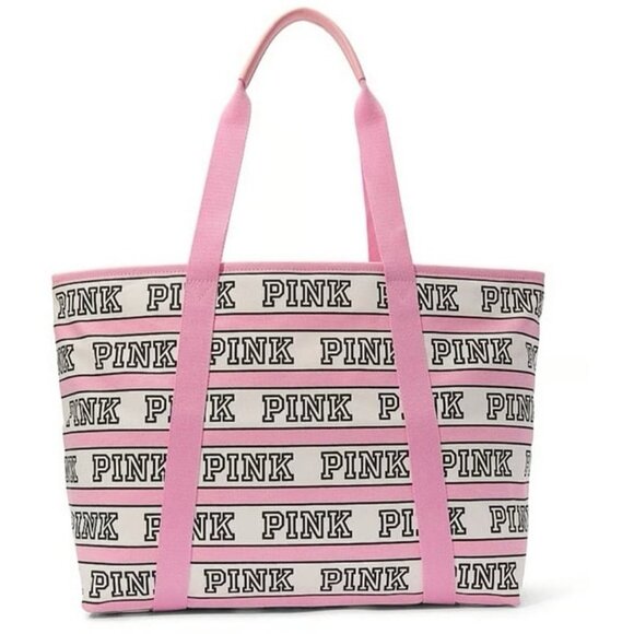 VS PINK TOTE ZIPPER BAG IN PINK & WHITE WITH ALL OVER LOGO NEW RELEASE!! - Picture 1 of 11
